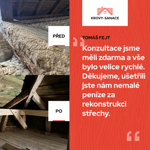 Reklamní obrázek před a po sanaci krovu s kladným hodnocením zákazníka o firmě KS Sankro, která provedla sanaci.