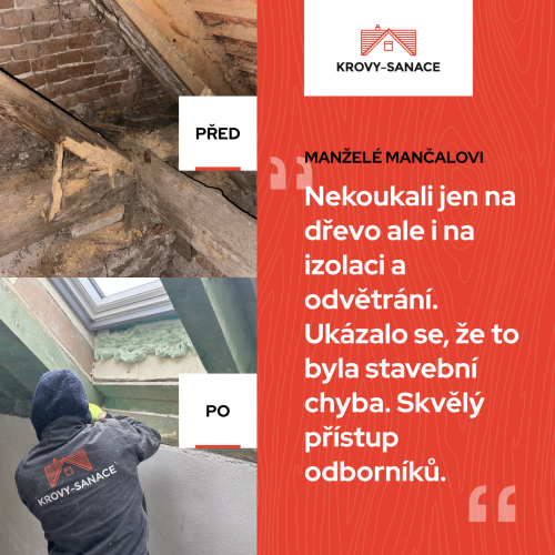 Reklamní obrázek před a po sanaci krovu s kladným hodnocením zákazníka o firmě KS Sankro, která provedla sanaci.